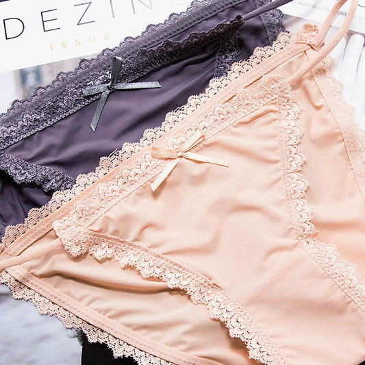 Clearance Benefits|Thin-strap white ice silk lace panties, feminine, low-waist and tempting, high-slit briefs