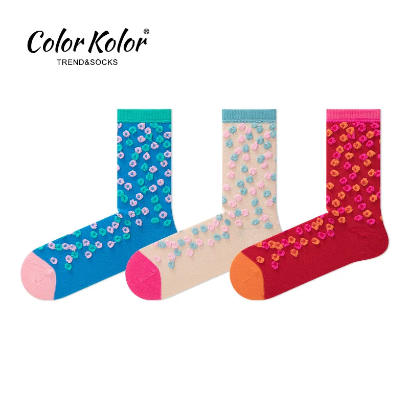 Reverse woven concave and convex peach blossom three-dimensional beans contrasting color small flowers ins sweet mid-calf socks red floral socks for women