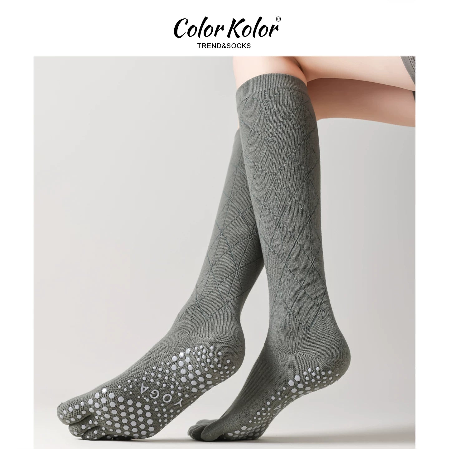 Yoga socks women's long-tubed five-toe socks fitness solid color rhombus indoor dotted non-slip Pilates split-toe calf socks