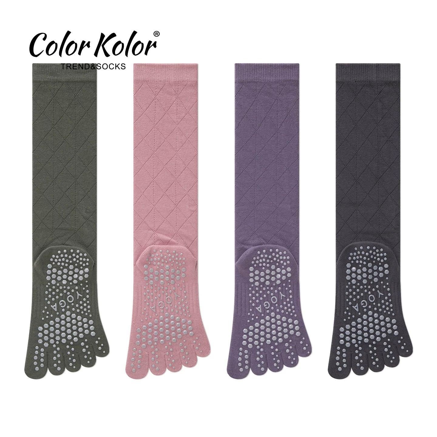 Yoga socks women's long-tubed five-toe socks fitness solid color rhombus indoor dotted non-slip Pilates split-toe calf socks