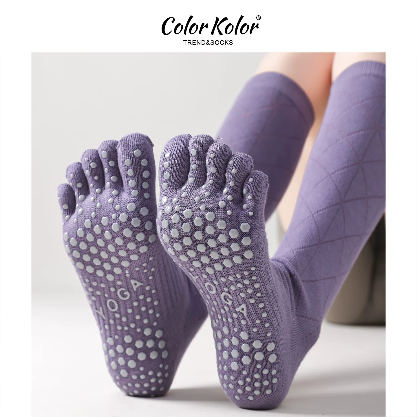 Yoga socks women's long-tubed five-toe socks fitness solid color rhombus indoor dotted non-slip Pilates split-toe calf socks