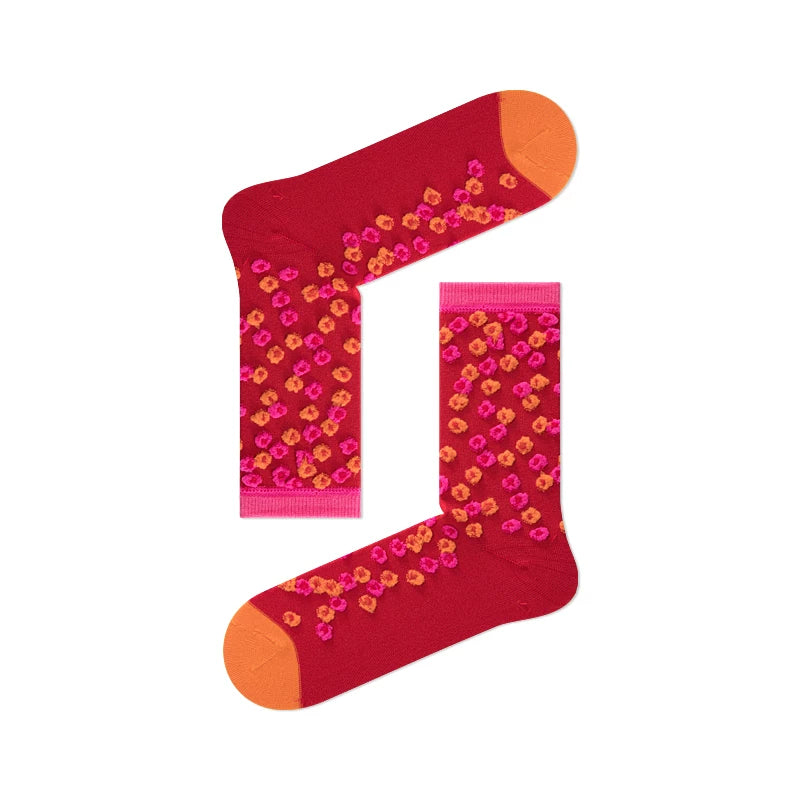 Reverse woven concave and convex peach blossom three-dimensional beans contrasting color small flowers ins sweet mid-calf socks red floral socks for women
