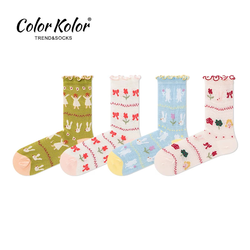 Summer Lace Cartoon Mid-Calf Socks – Red Flowers