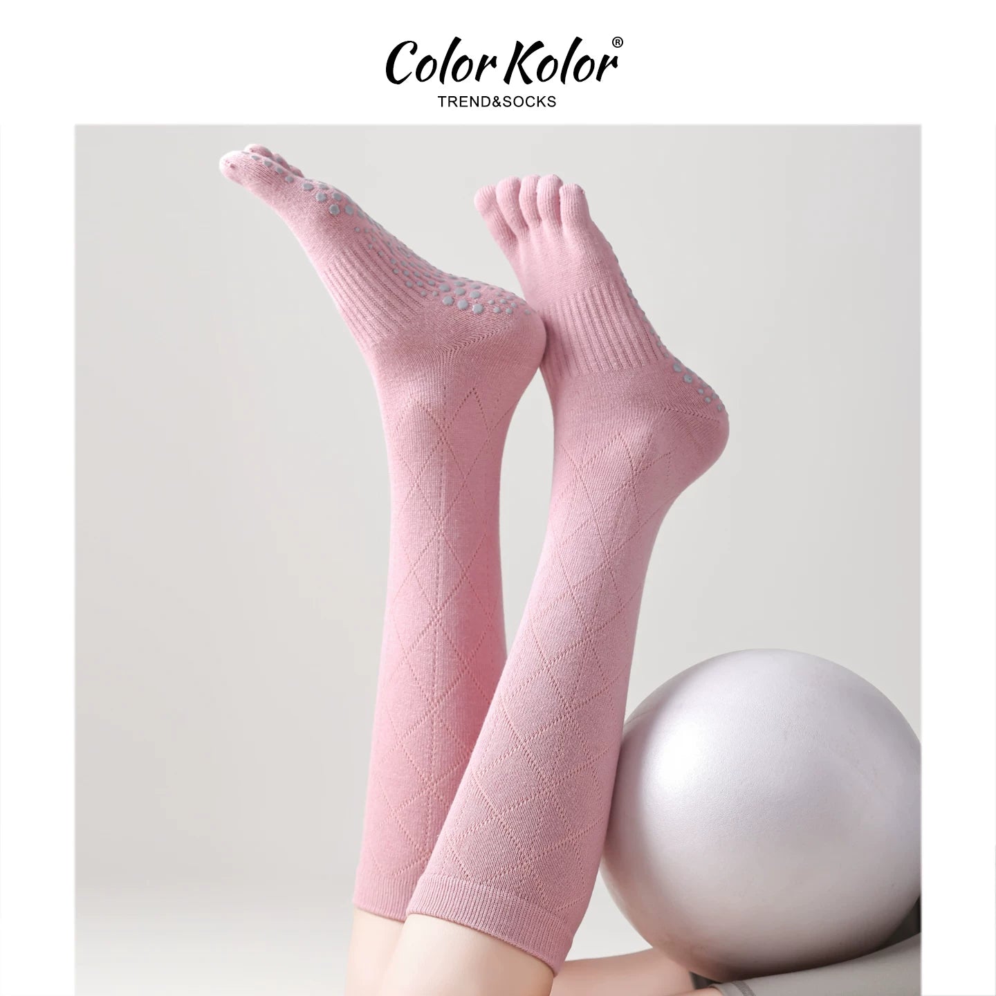 Yoga socks women's long-tubed five-toe socks fitness solid color rhombus indoor dotted non-slip Pilates split-toe calf socks