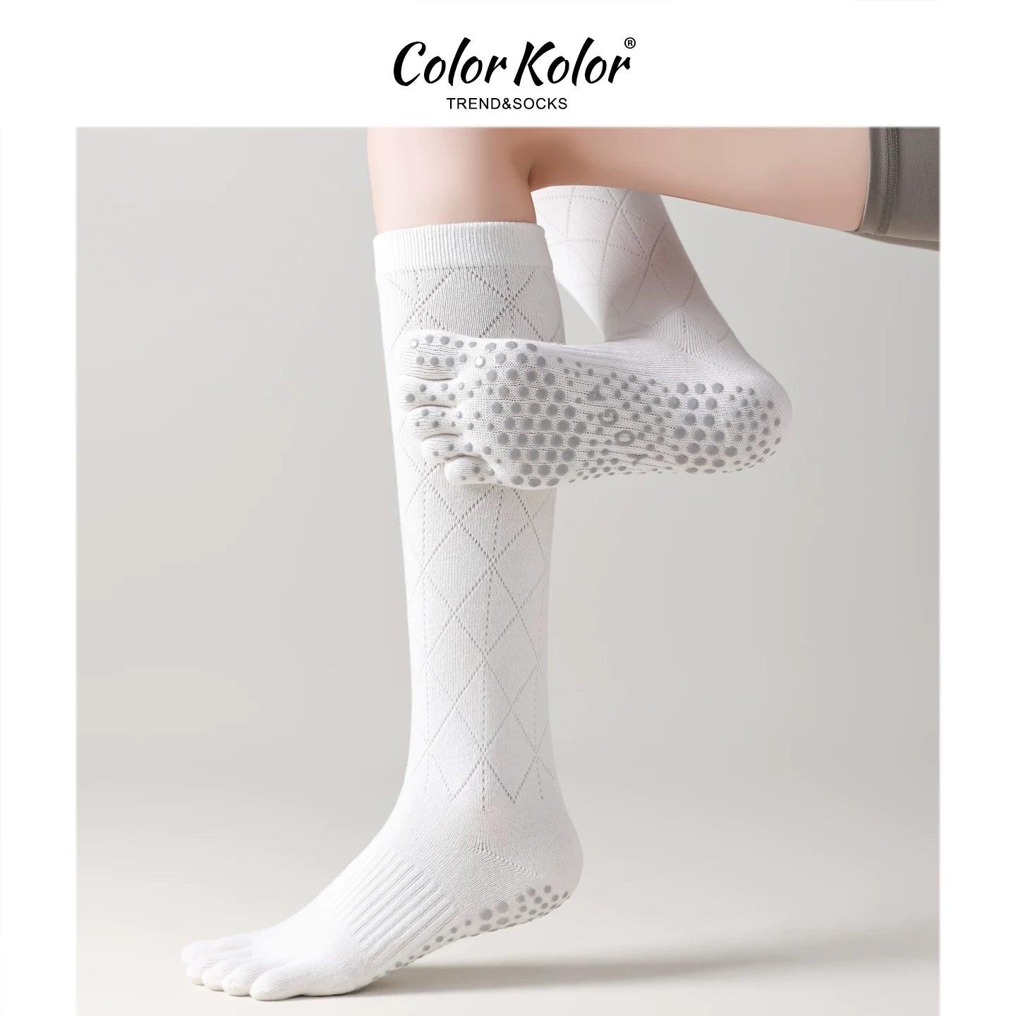 Yoga socks women's long-tubed five-toe socks fitness solid color rhombus indoor dotted non-slip Pilates split-toe calf socks