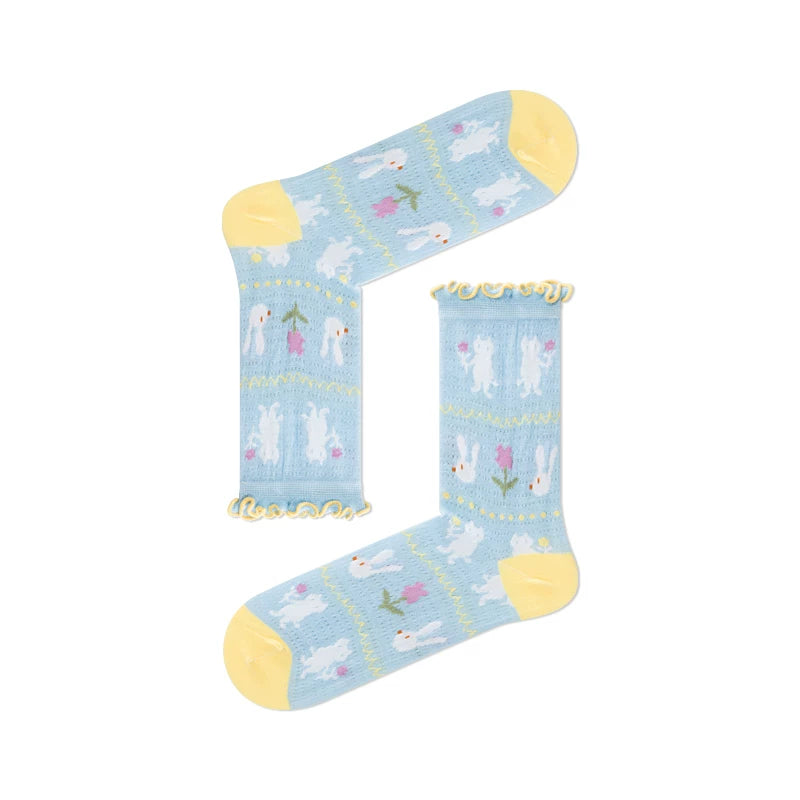 Summer thin Japanese fungus lace cartoon socks for women hollow mesh small red flowers sweet girls mid-calf socks