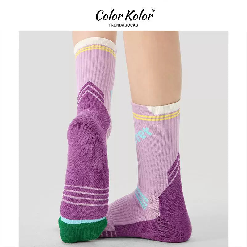 Professional cycling socks women's mid-calf socks autumn and winter hiking sports running purple long socks towel bottom shock-absorbing jump rope socks
