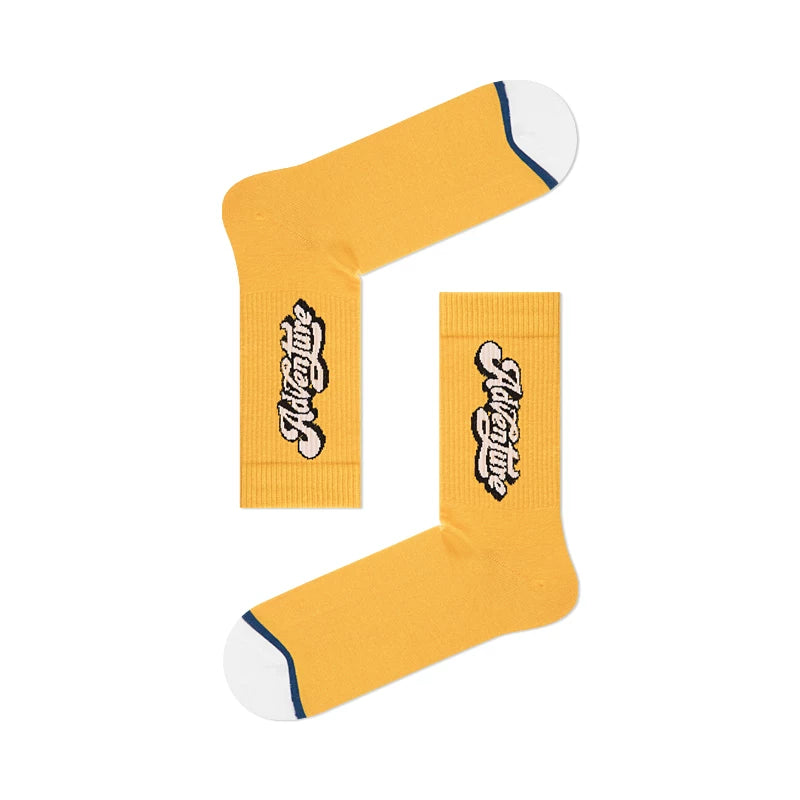 Spring and Autumn Men's Mid-calf Socks White Sports Socks Ins Trendy Street Skateboard Letters Yellow Versatile Long Socks Cotton Socks