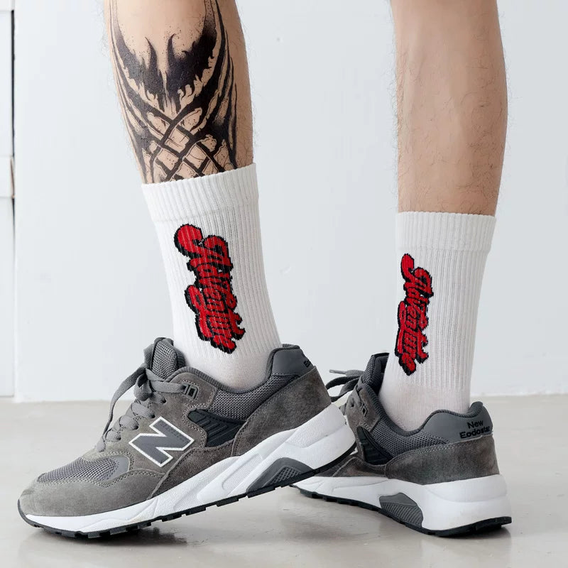 Spring and Autumn Men's Mid-calf Socks White Sports Socks Ins Trendy Street Skateboard Letters Yellow Versatile Long Socks Cotton Socks