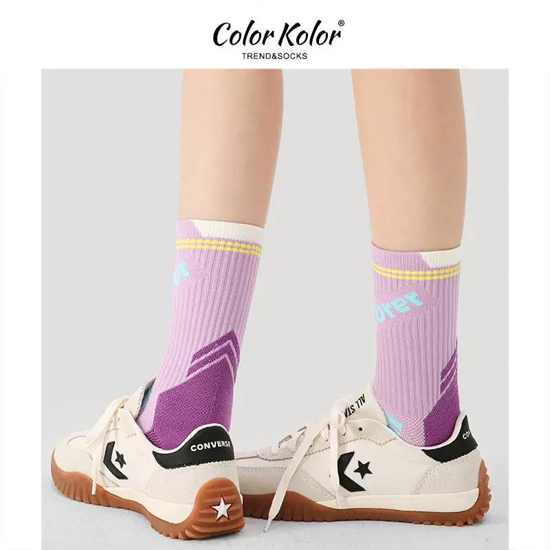 Professional cycling socks women's mid-calf socks autumn and winter hiking sports running purple long socks towel bottom shock-absorbing jump rope socks