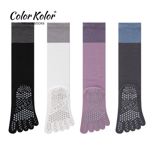Yoga five-finger socks, women's calf socks, sports and fitness silicone bottom non-slip socks, Pilates contrasting color long split toe socks