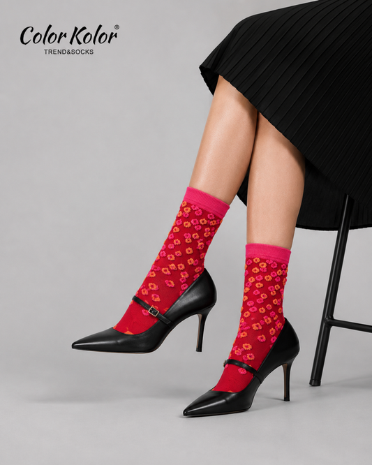 Reverse woven concave and convex peach blossom three-dimensional beans contrasting color small flowers ins sweet mid-calf socks red floral socks for women
