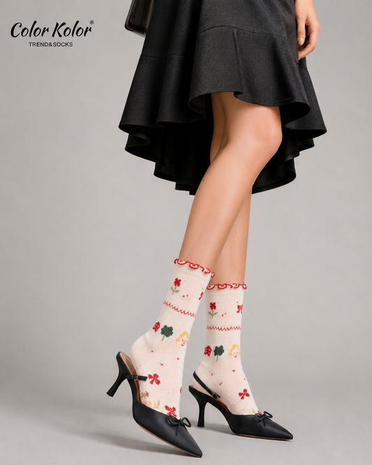 Summer thin Japanese fungus lace cartoon socks for women hollow mesh small red flowers sweet girls mid-calf socks